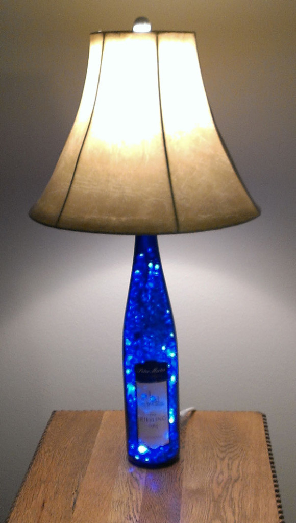 Blue wine bottle lamp